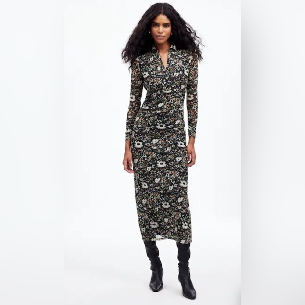 Madewell Floral Mesh Midi Dress Long Sleeve Size L Fitted Stretch - Picture 1 of 6